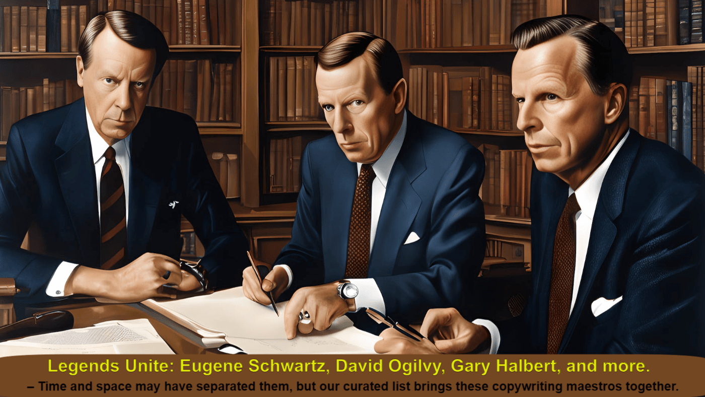 Image of 3 of the 64 Copywriting Legends Unite: Eugene Schwartz, David Ogilvy, and Gary Halbert – Time and space may have separated them, but our curated list brings these copywriting maestros together, transcending eras and locations. A timeless collaboration of the best in the business.